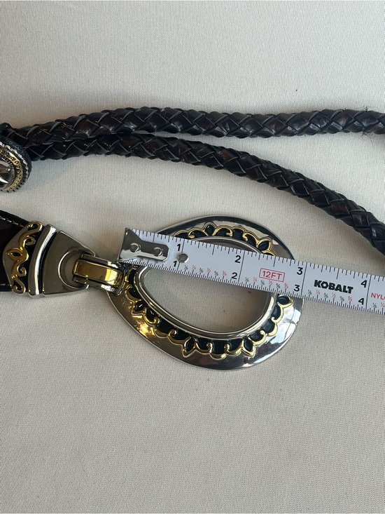 Women\'s Braided Black Leather Belt with Ornate Silver-Gold Heart Buckle wester